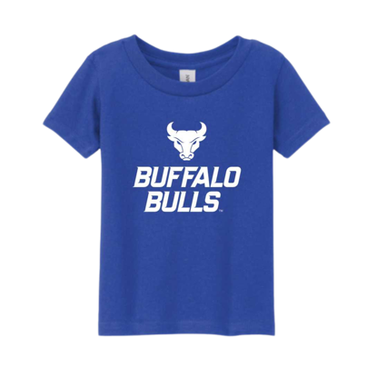 product image of blue short sleeve shirt with Spirit Mark+BUFFALO+BULLS stacked lock-up in white on full chest