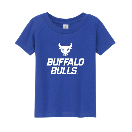 product image of blue short sleeve shirt with Spirit Mark+BUFFALO+BULLS stacked lock-up in white on full chest