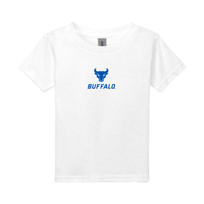 product image of white short sleeve tee with Spirit Mark+BUFFALO stacked lock-up in UB Blue