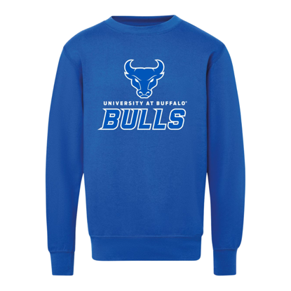 blue long sleeve crew neck with Spirit Mark+Univerity at Buffalo+BULLS stacked lock-up in UB blue and white on front chest