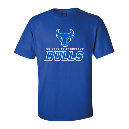 short sleeve blue t-shirt with Spirit Mark+University at Buffalo+BULLS stacked lock-up in UB blue and white
