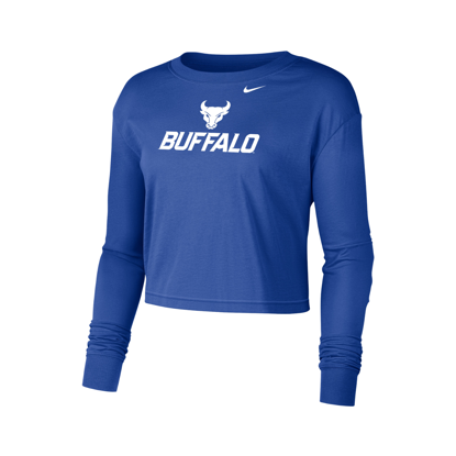 blue long sleeve tee with Spirit Mark+BUFFALO stacked lock-up in white on front chest
