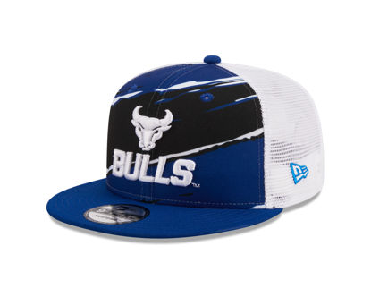 snapback hat with blue, black and white pattern on the front with Spirit Mark+BULLS stacked lock-up in white and a white mesh back of the hat