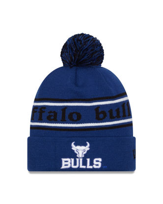 front of blue knit hat with blue pom and "buffalo bulls" in black around the crown of the hat and the spirit mark+bulls stacked lock up in white on the cuff.
