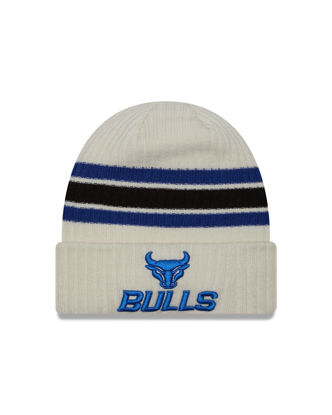 product image of off white hat with black and blue stripes around the crown and spirit mark+bulls stacked lock-up in UB blue on the cuff