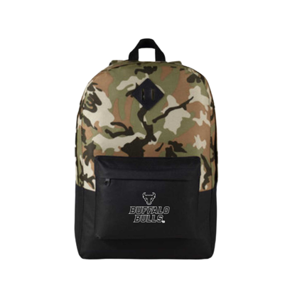 product image of natural green and brown camo and black backpack with the Spirit Mark+Buffalo+Bulls stacked lock-up in black with white outline on front zipper pouch