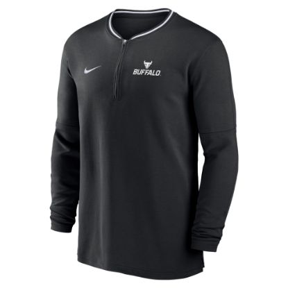 black long sleeve nike top with a half zip and the Bull+Buffalo stack lock-up embroidered on left chest and nike swoosh on right chest