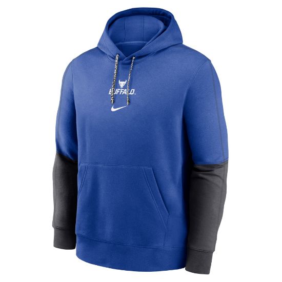 blue hooded sweatshirt with grey sleeves from the elbow down. Bull+Buffalo stacked lock-up above nike swoosh in center of chest