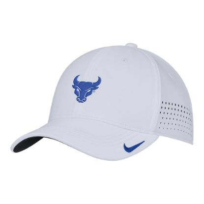 white nike hat with blue bull on the front
