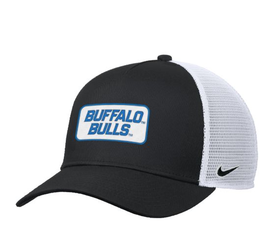 black and white nike trucker hat with BUFFALO BULLS logo on front
